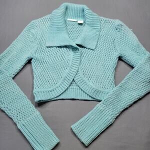 Pandemonium Blue Wool Crop Cardigan Sweater Long Sleeves Metallic Women's Size M